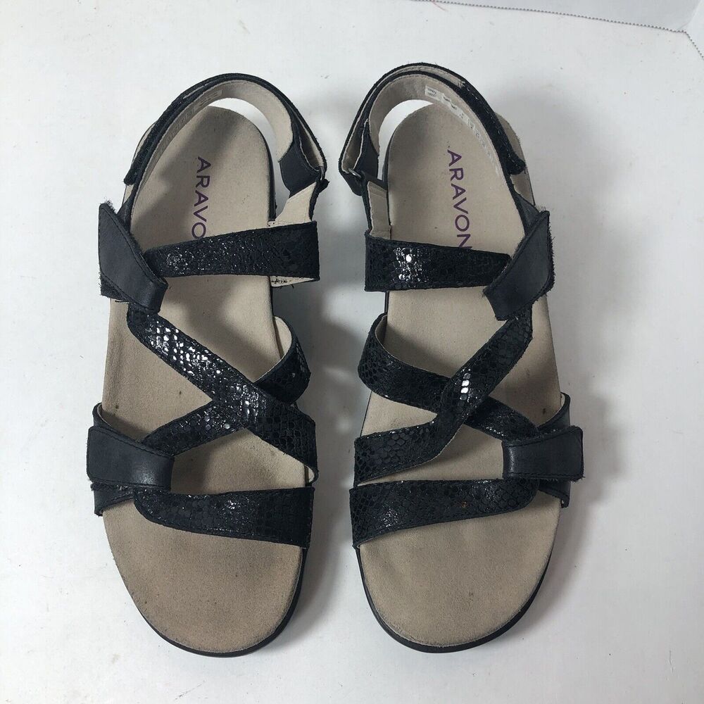 Aravon Sandals Womens Size 8 Comfort X Strap Ankle Black Snake Print D - Picture 4 of 10
